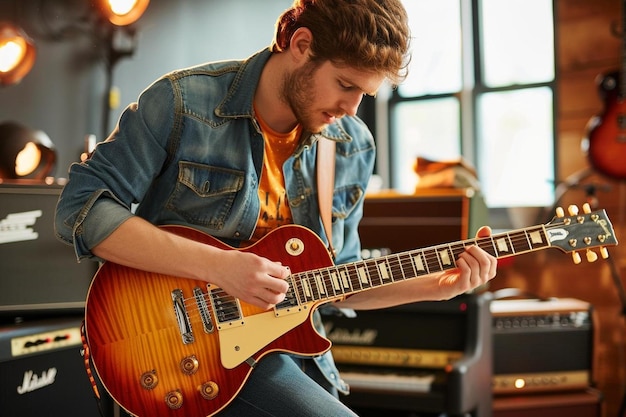 een man die een elektrische gitaar speelt in een muziekstudio