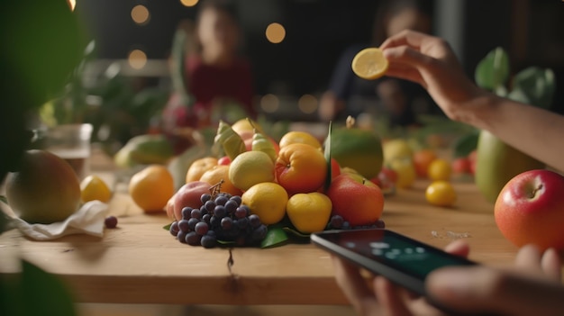 Een man die een foto maakt van een fruitarrangement met een telefoon in zijn hand.