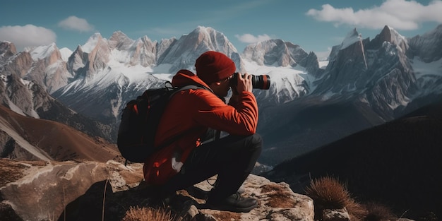 Een man die een foto van een berg maakt