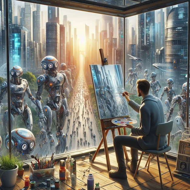 een man die een foto van een robot schildert in een kamer met een man die er op schildert