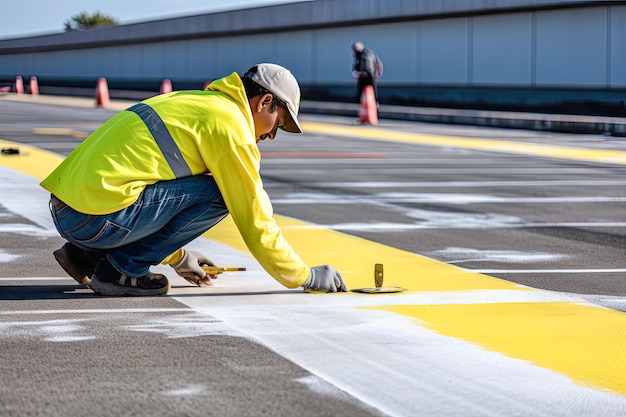 Foto een man die een gele lijn in een weg schildert