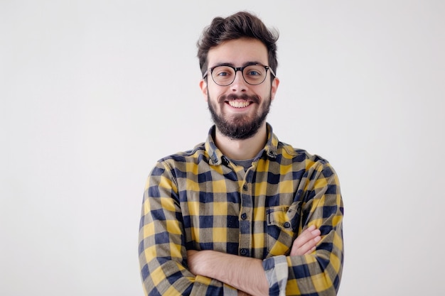 een man die een geruite hemd draagt met zijn armen gekruist