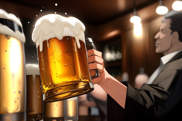Foto een man die een glas bier in een glas giet