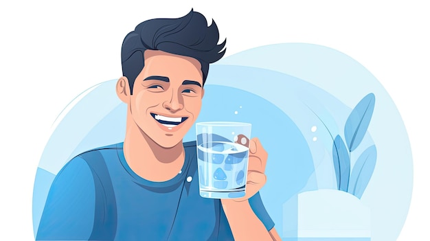 Een man die een glas water drinkt met een gelukkig gezicht Drink meer Water levensstijl en gezondheidszorg concept Hand getekend in dunne lijn stijl illustraties