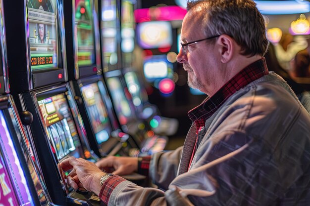 Foto een man die een gokmachine speelt in een casino.