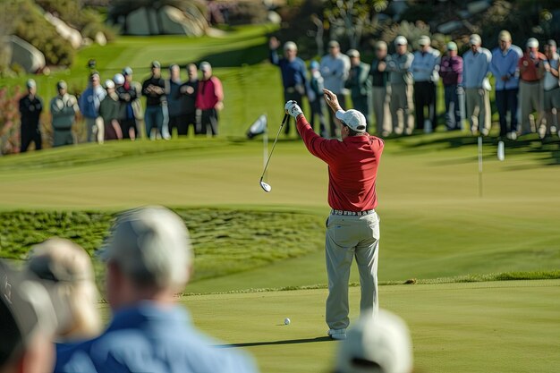 Een man die een golfclub op een golfbaan zwaait