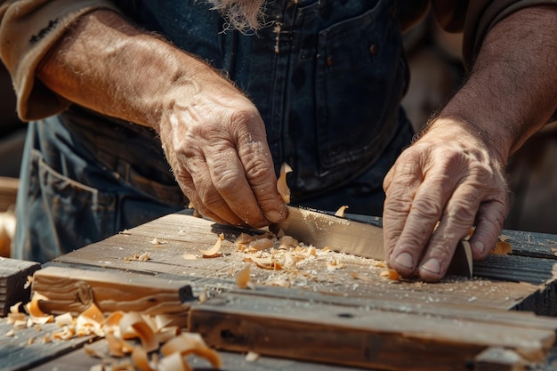 Foto een man die een groot mes gebruikt om hout te snijden
