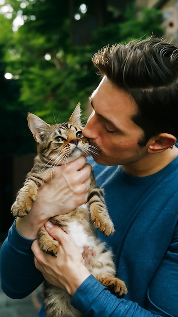 een man die een kat kust met een kat in zijn mond