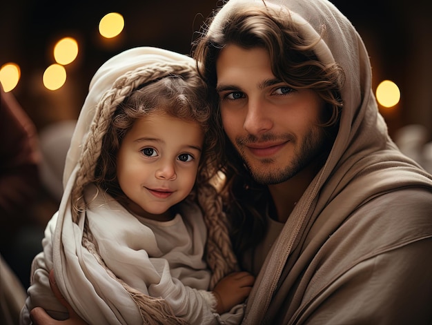 Een man die een kind vasthoudt, gewikkeld in een gewaad met een kerstboom op de achtergrond.