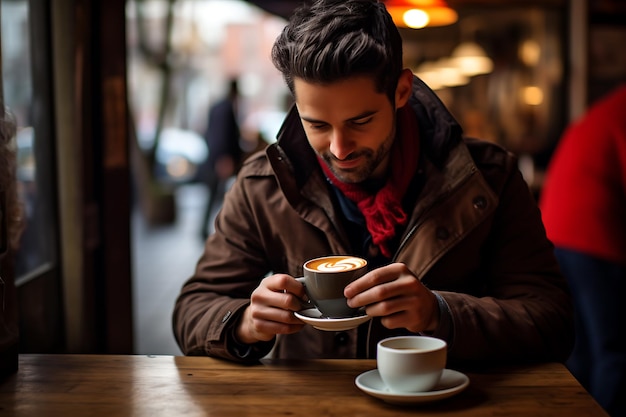 een man die een kopje koffie drinkt gemaakt door generatieve AI-technologie