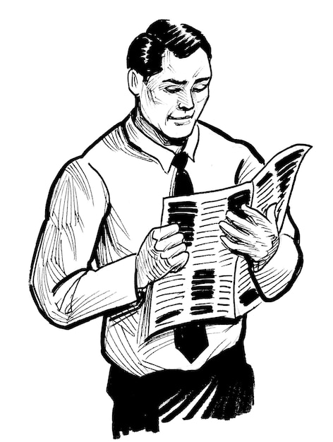 Een man die een krant leest in een wit overhemd en stropdas.