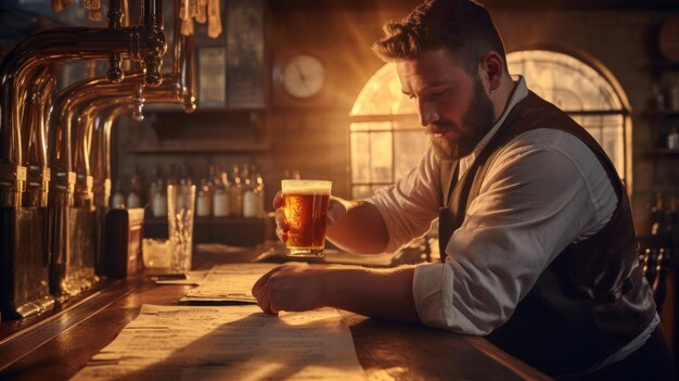 Foto een man die een pint bier drinkt in een bar met een grote beker bier