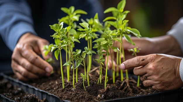 een man die een plant plant