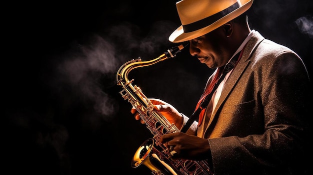 Foto een man die een saxofoon speelt met rook uit zijn mond