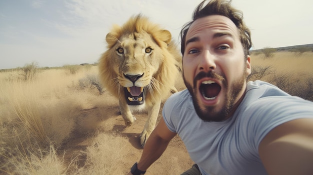 Een man die een selfie maakt met een leeuw de man rent leeuw achter de man aan wilde dieren