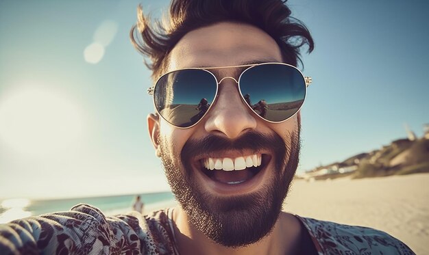 Een man die een selfie maakt op een strand