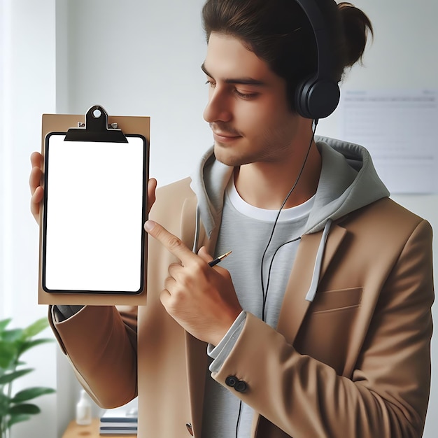 een man die een tablet vasthoudt met koptelefoon erop