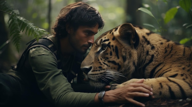 Foto een man die een tijger in de jungle aaien