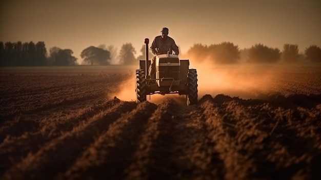 Een man die een tractor bestuurt in een veld Generatief AI Art