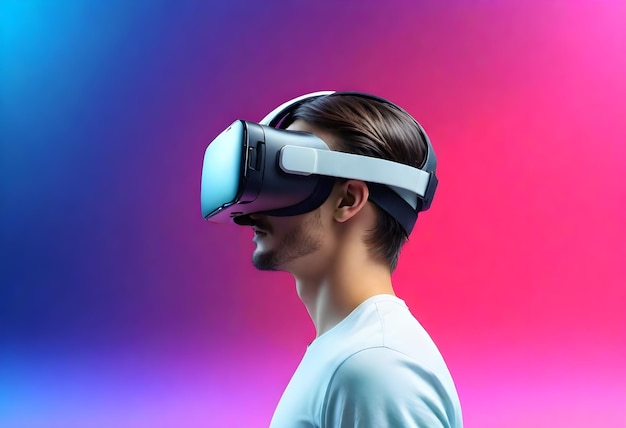 een man die een virtual reality headset draagt met de woorden "virtuele quote" aan de onderkant