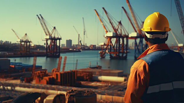 een man die een volledige ppe draagt en naar een vrachtcontainerbox in een goederenhaven kijkt