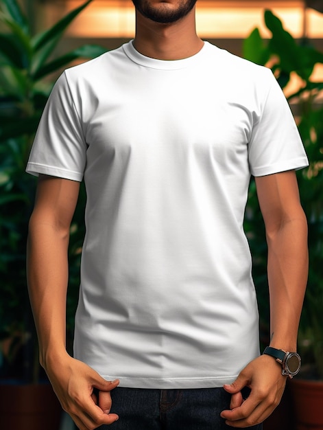 een man die een wit overhemd draagt met een wit overhemd met de tekst "t-shirt".