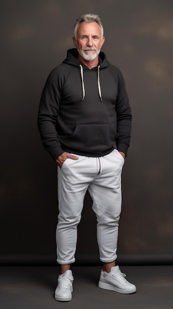 een man die een zwarte hoodie draagt met een wit shirt met de tekst "hij draagt het".