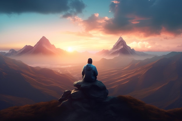 een man die geniet van het uitzicht vanaf de top van een berg terwijl de zon ondergaat