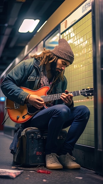 Foto een man die gitaar speelt in de metro.