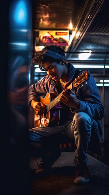 een man die gitaar speelt in een donkere kamer