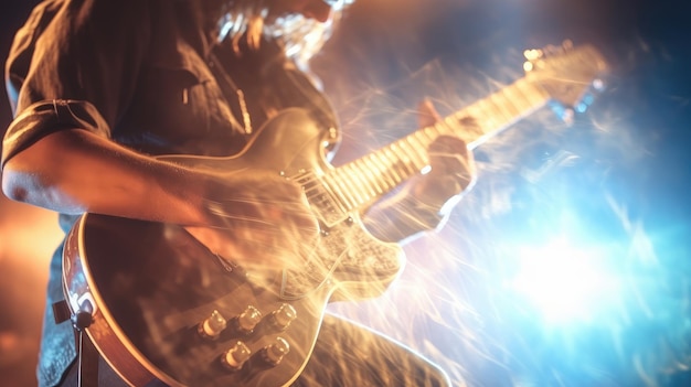 Foto een man die gitaar speelt met een blauw licht achter hem
