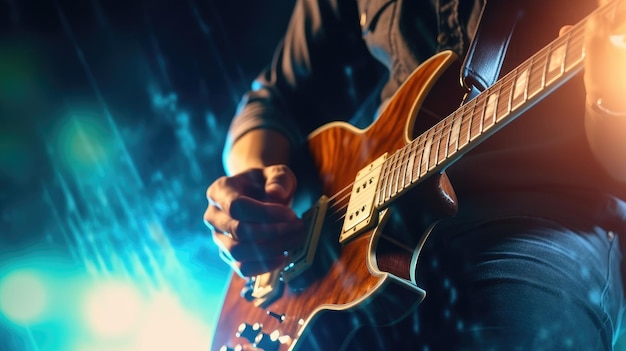 Een man die gitaar speelt met een blauwe achtergrond