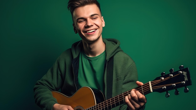 Een man die gitaar speelt met een groene achtergrond