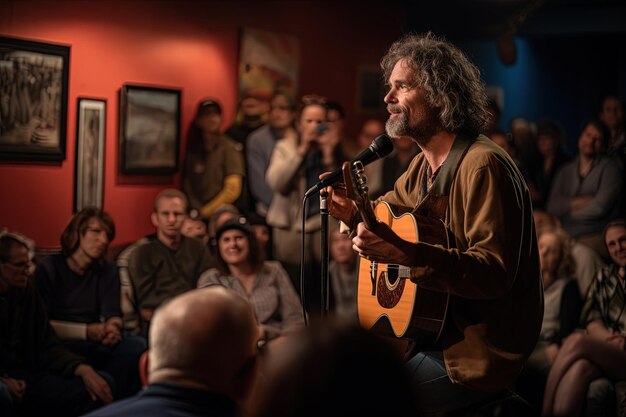 Een man die gitaar speelt voor een menigte.