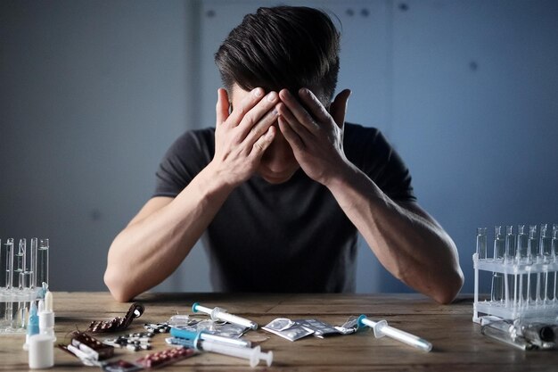 Een man die haar ogen bedekt met haar handen op de achtergrond wazig pillen injecties verdovende middelen