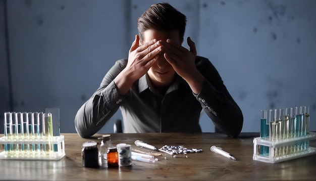 Foto een man die haar ogen bedekt met haar handen op de achtergrond wazig pillen injecties verdovende middelen