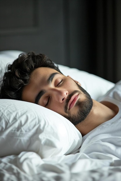 Foto een man die in bed ligt met zijn ogen dicht