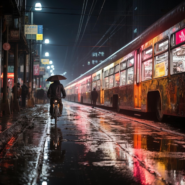een man die in de regen fietst met een paraplu