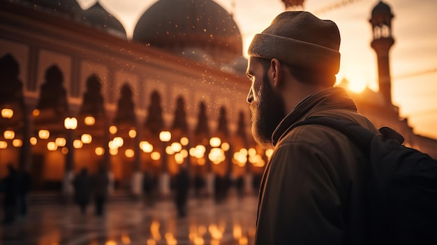 Een man die in de richting van een moskee wandelt bij zonsondergang Generatieve AI