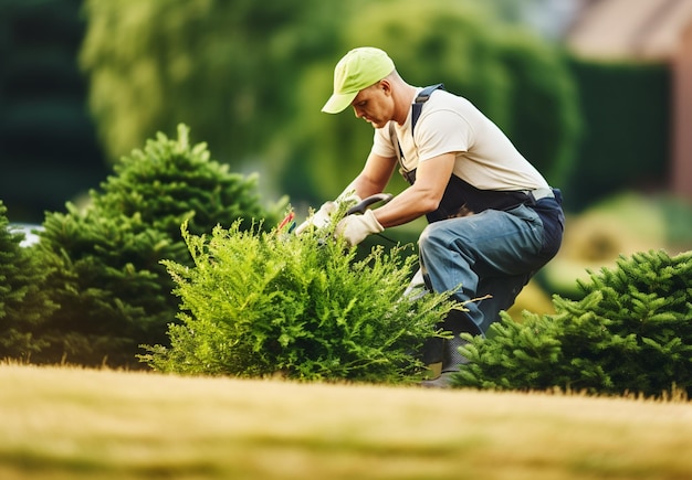 Foto een man die in de tuin werkt.