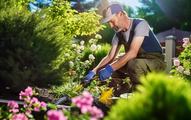 Een man die in de tuin werkt.