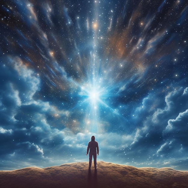 Foto een man die in de woestijn staat met een ster in de lucht.