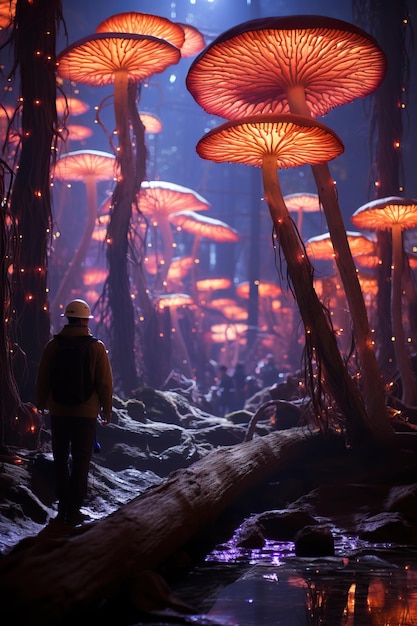 een man die in een bos loopt met rode paddenstoelen