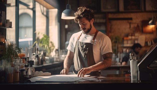 Een man die in een keuken kookt.