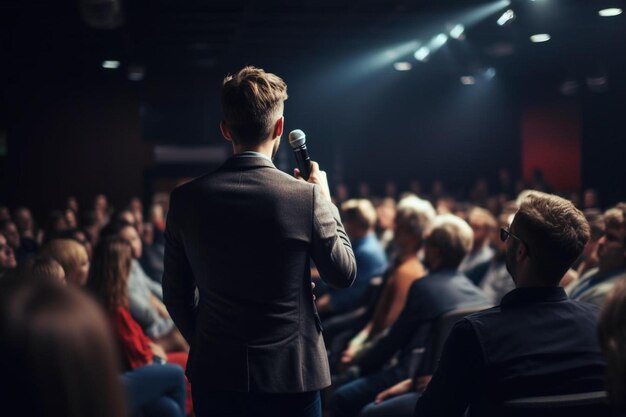 een man die in een microfoon spreekt voor een groot publiek