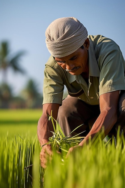 een man die in een rijstveld werkt met palmbomen op de achtergrond