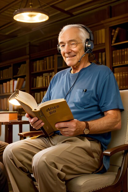 een man die in een stoel een boek leest met een koptelefoon op zijn hoofd en een lamp op zijn koptelefoon op h
