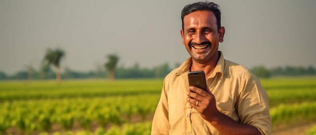 een man die in een veld staat en een mobiele telefoon vasthoudt