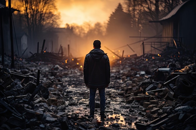 Foto een man die in het midden van een verwoeste buurt staat bij zonsondergang met puin verspreid over de grond en gebouwen om hem heen.