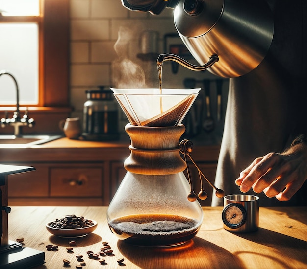 een man die koffie in een container giet met een klok erop